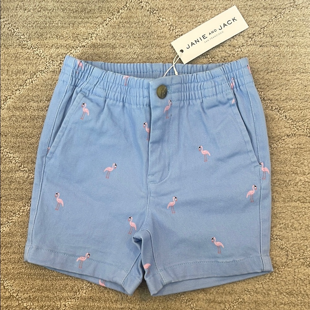 Janie and Jack Blue Pink Flamingo Embroidered Shorts